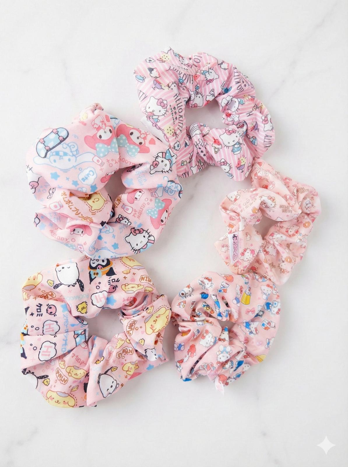 Sanrio Character Pink Scrunchie Hello Kitty and Friends
