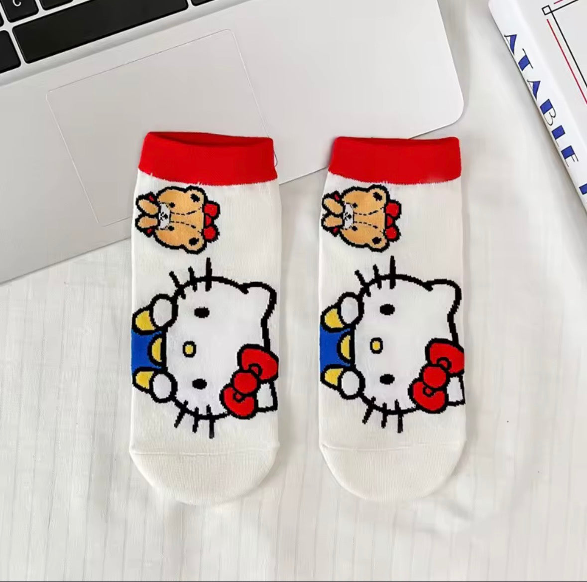White Hello Kitty Ankle Socks with Teddy Bear Design