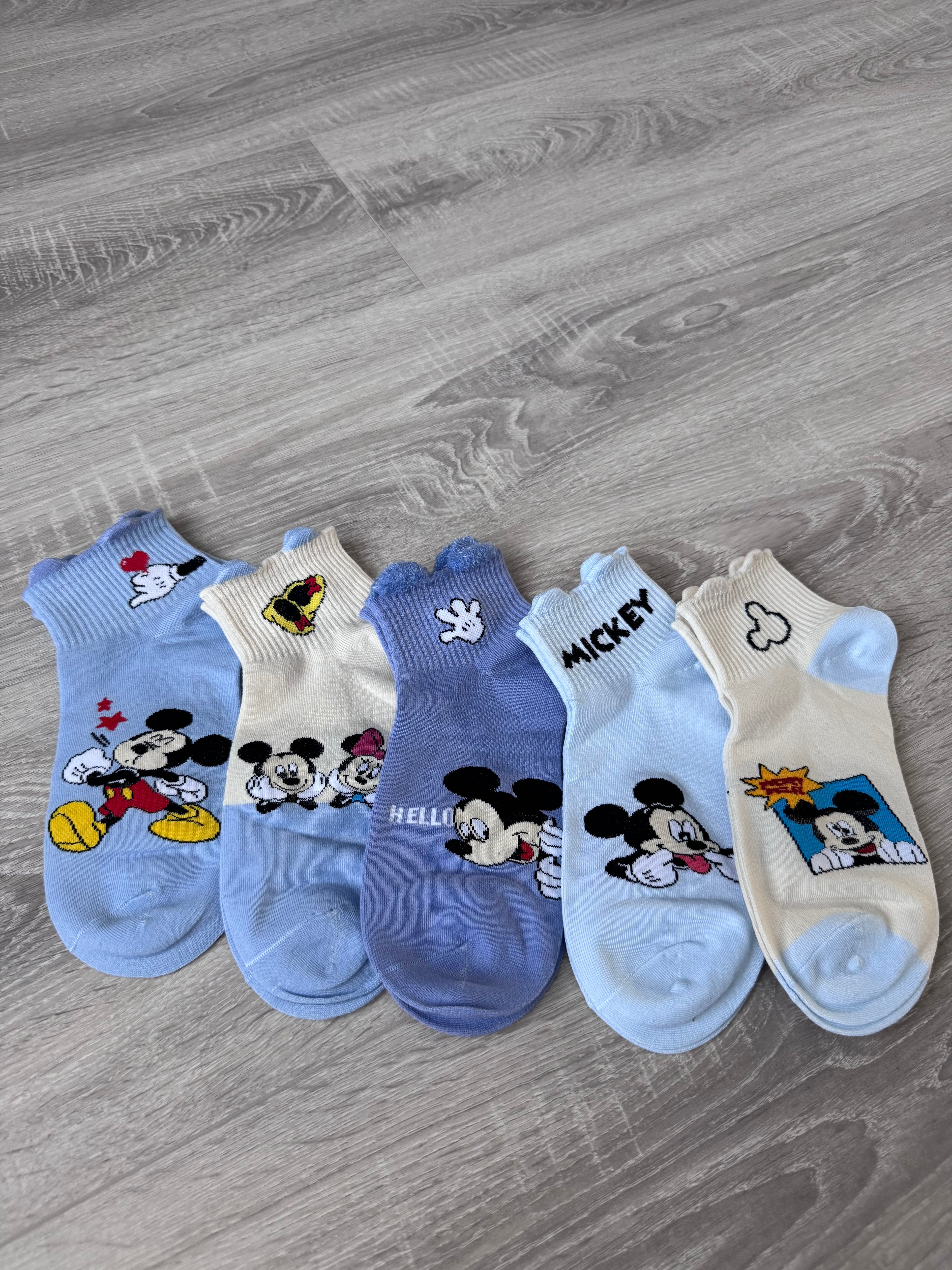Mickey Mouse & Friends 5-Pack Ankle Socks – Pastel Blue & Cream Disney Character Low-Cut Socks, Soft Cotton Blend