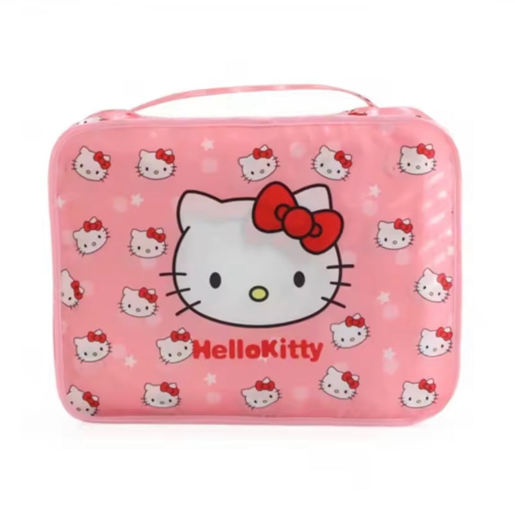 Hello Kitty 6-piece packing cube set in pink laid out flat