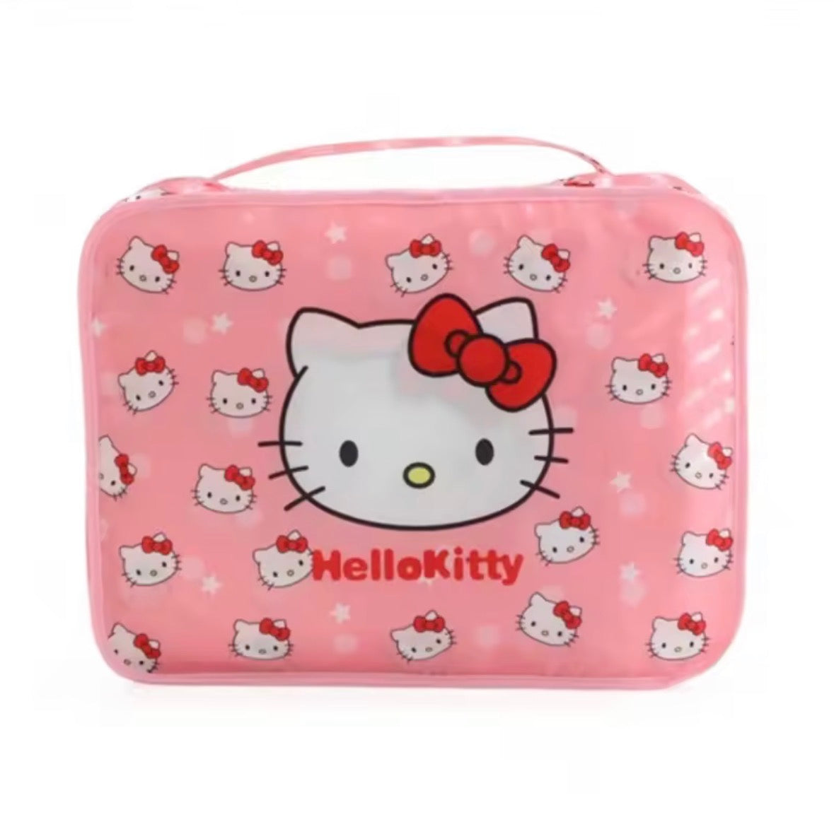 Hello Kitty 6-piece packing cube set in pink laid out flat