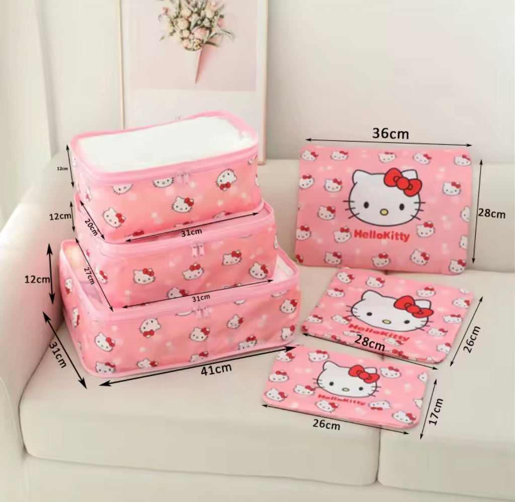 Hello Kitty 6-piece packing cube set in pink laid out flat